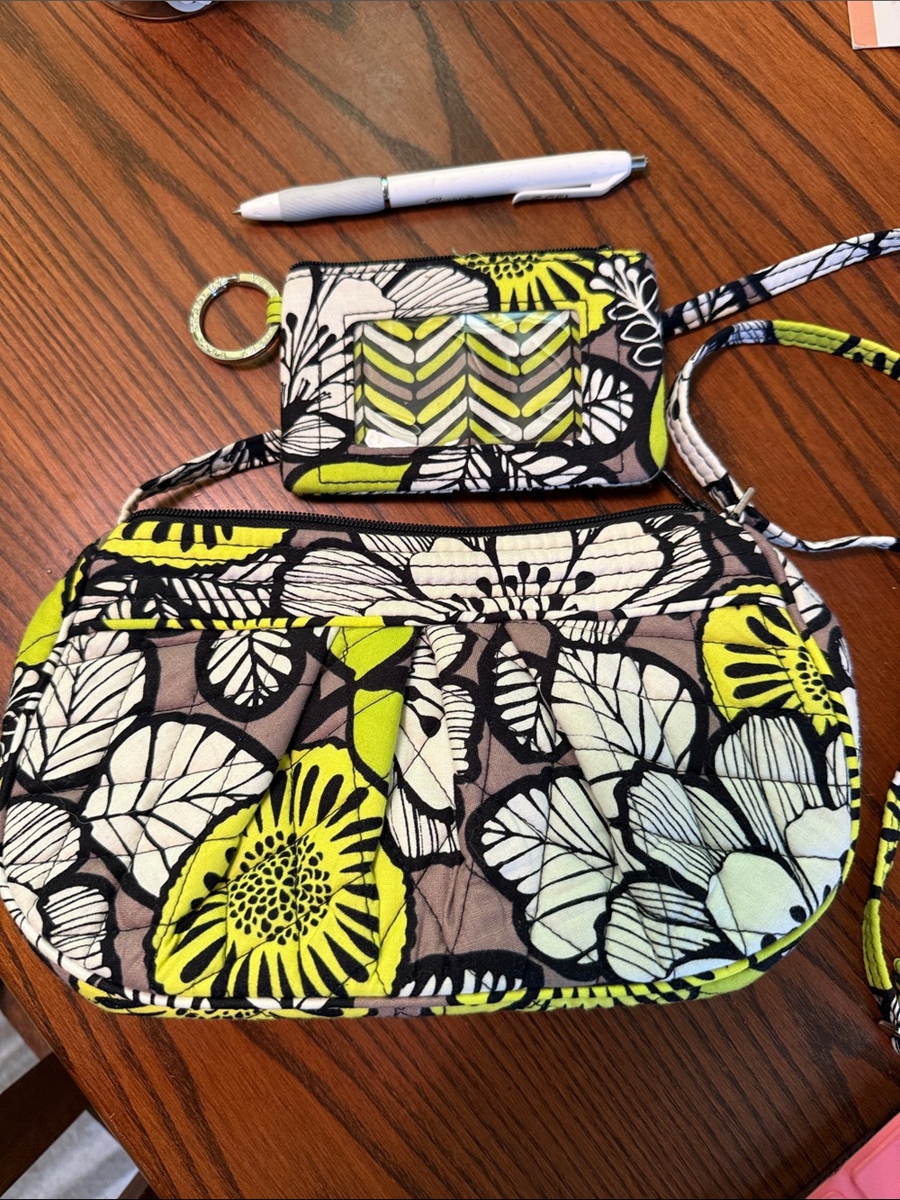Vera Bradley Yellow Black White Floral Quilted Crossbody with Cardholder